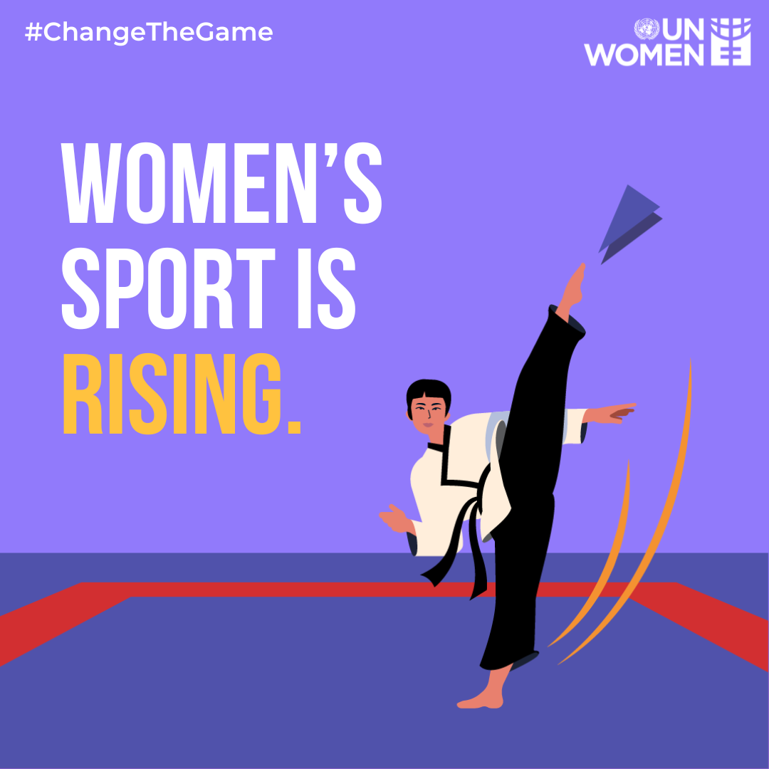 Illustration von einer Frau, die Karate macht mit der Schrift: Women's Sport is rising. - Frauen und Mädchen im Sport
