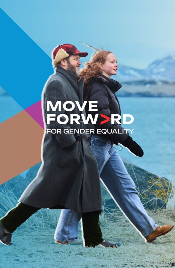 Ein Mann und ein junges Mädchen laufen in großen Schritten - Move Forward Kampagne