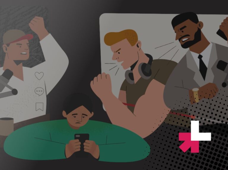 Illustration mit Männern, die auf einen jungen Mann einreden - Darstellung zum Thema Manospäre