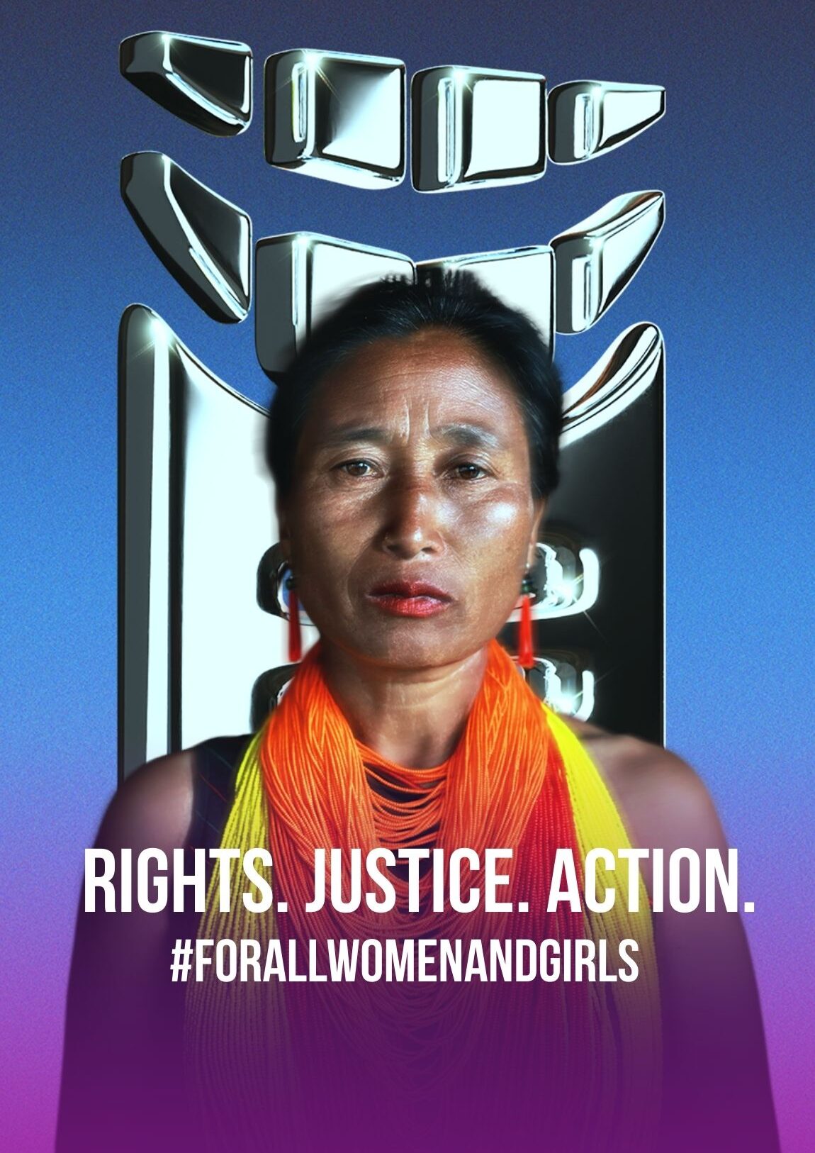 Frau vor metallischem UN Women Icon - Branding des Internationalen Frauentags 2026 von UN Women