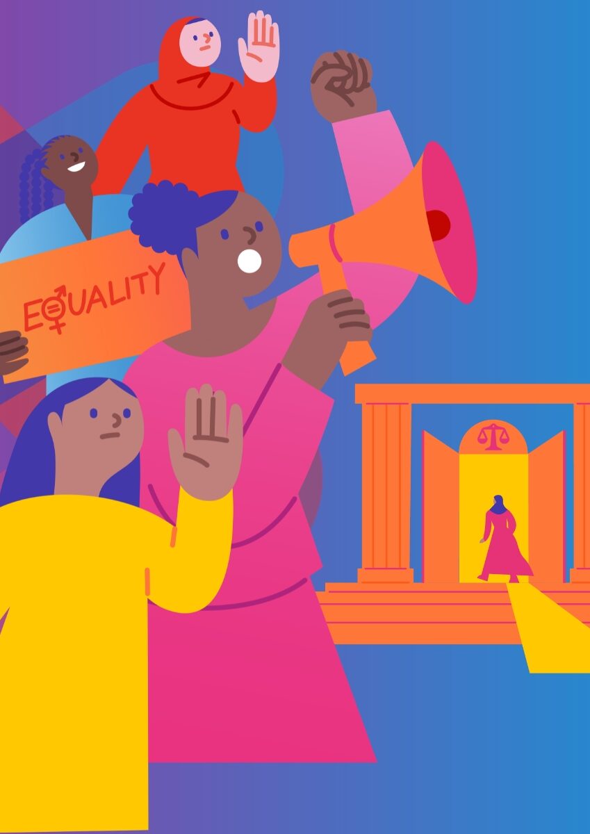 Illustration mit Frauen vor einem Gerichtsgebäude