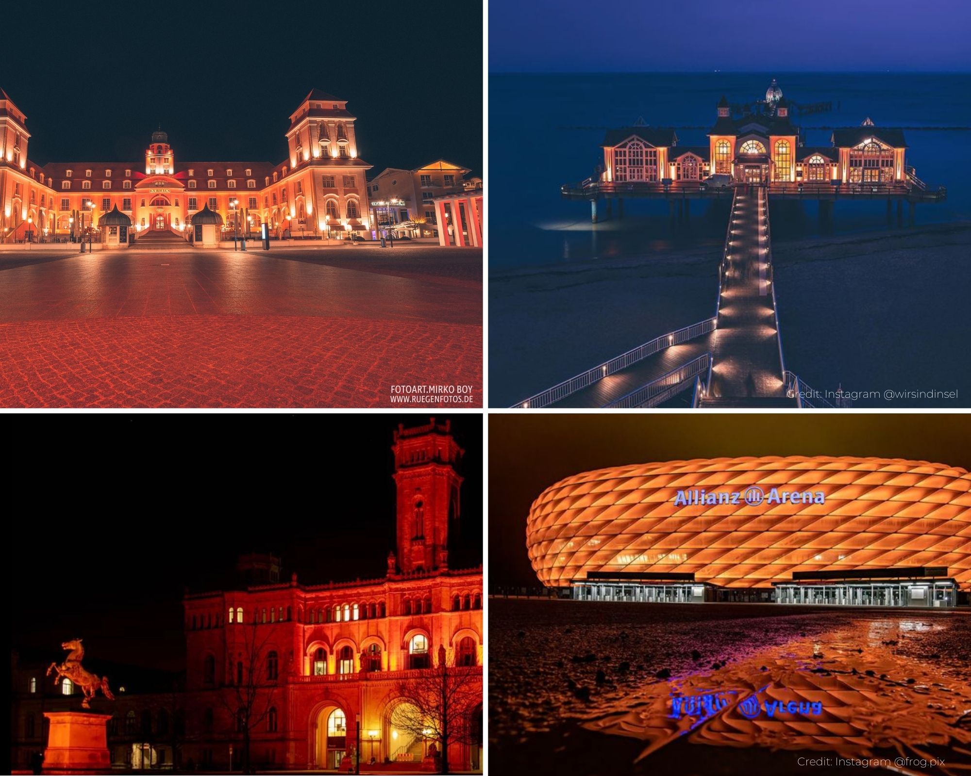 Orange the World Kampagne - Kollage mit 4 Bildern, die Orange angestrahlt werden u.a. Allianz Arena