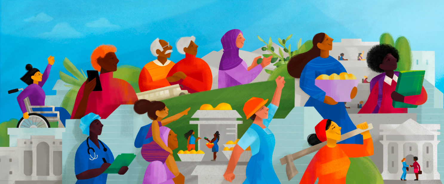 Illustration mit Frauen in verschiedenen Berufen - Banner für die FRK - UN Women Deutschland