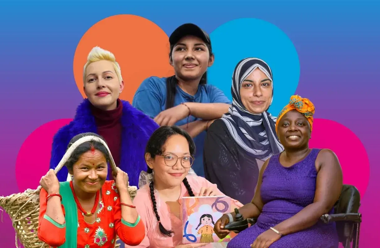 Bunter Hintergrund mit einer Kollage an starken Frauen aus verschiedenen Ländern